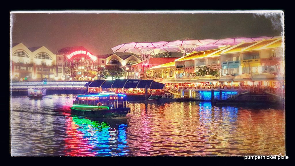 rainbow night, clarke quay, singapore, river, magical, night out, night photography, river photography, boating, holiday, photo a week, photography, pumpernickel pixie