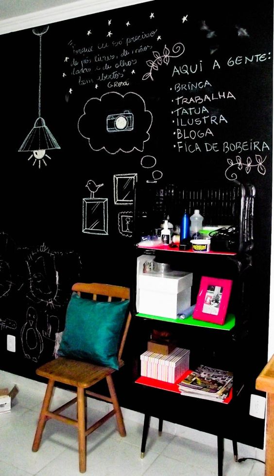 interior decoration, interior decor, decor ideas, room ideas, work space ideas, creative room, creative work space, creative decor, interior design, creative interiors, bright room, colorful room, room re decoration, creative decoration, room inspiration, work space inspiration, floating desk, chalkboard wall, chalkboard room, bright wall, yellow wall, storage cabinet, storage solutions, multi purpose cabinet, curtains, chair, rug, cushions, fur rug, fur cushion, yellow pink blue color scheme, room accessories, jyo, pumpernickel pixie